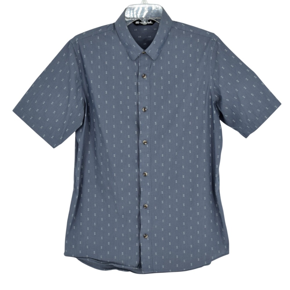 TravisMathew Mens M Button Down SS Performance Stretch Golf AOP Shale Blue Gray